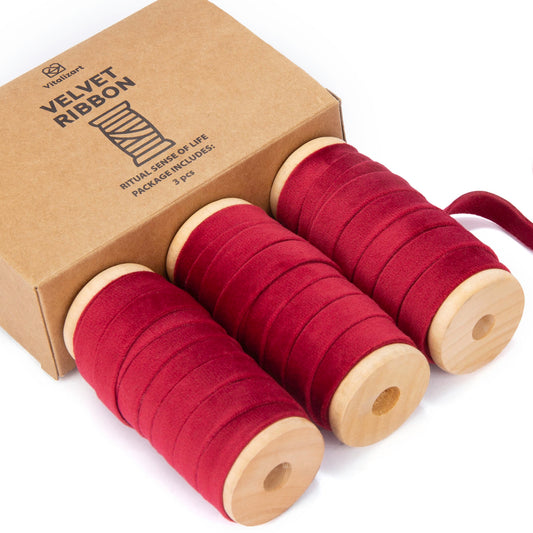 Velvet Ribbon With Wooden Spool 3/8" x 15 Yd (Burgundy)