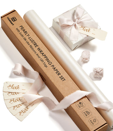 Wrapping Paper Set 17"x197" Pearly-Lustre With Silk Like Satin Ribbon & Gift Tags (White Paper & Light Nude Ribbons)