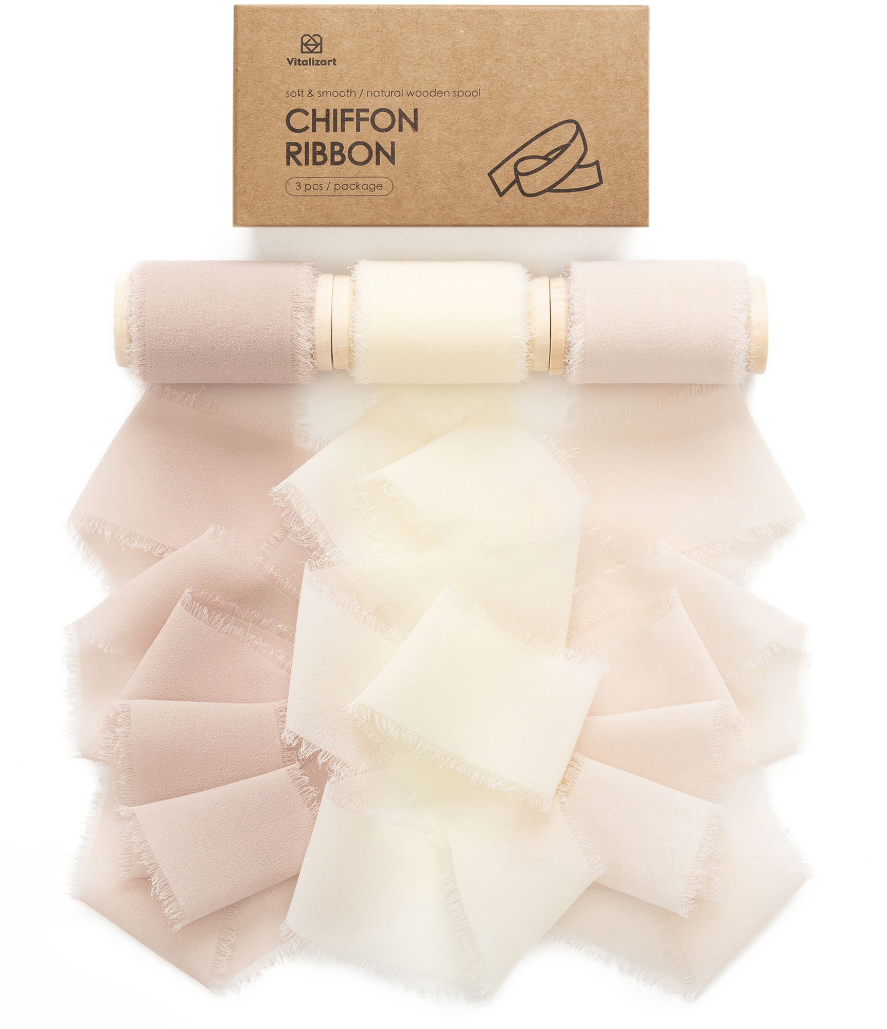 Chiffon Ribbon with Wooden Spool 2" x 15 Yd (Light Nude & White)