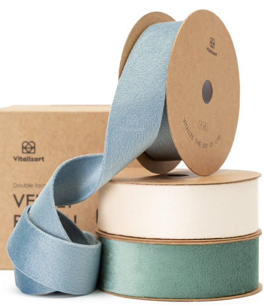 Double Faced Velvet Ribbon Set 1" x 15 Yd (Ivory & Dusty Green & Dusty Blue)