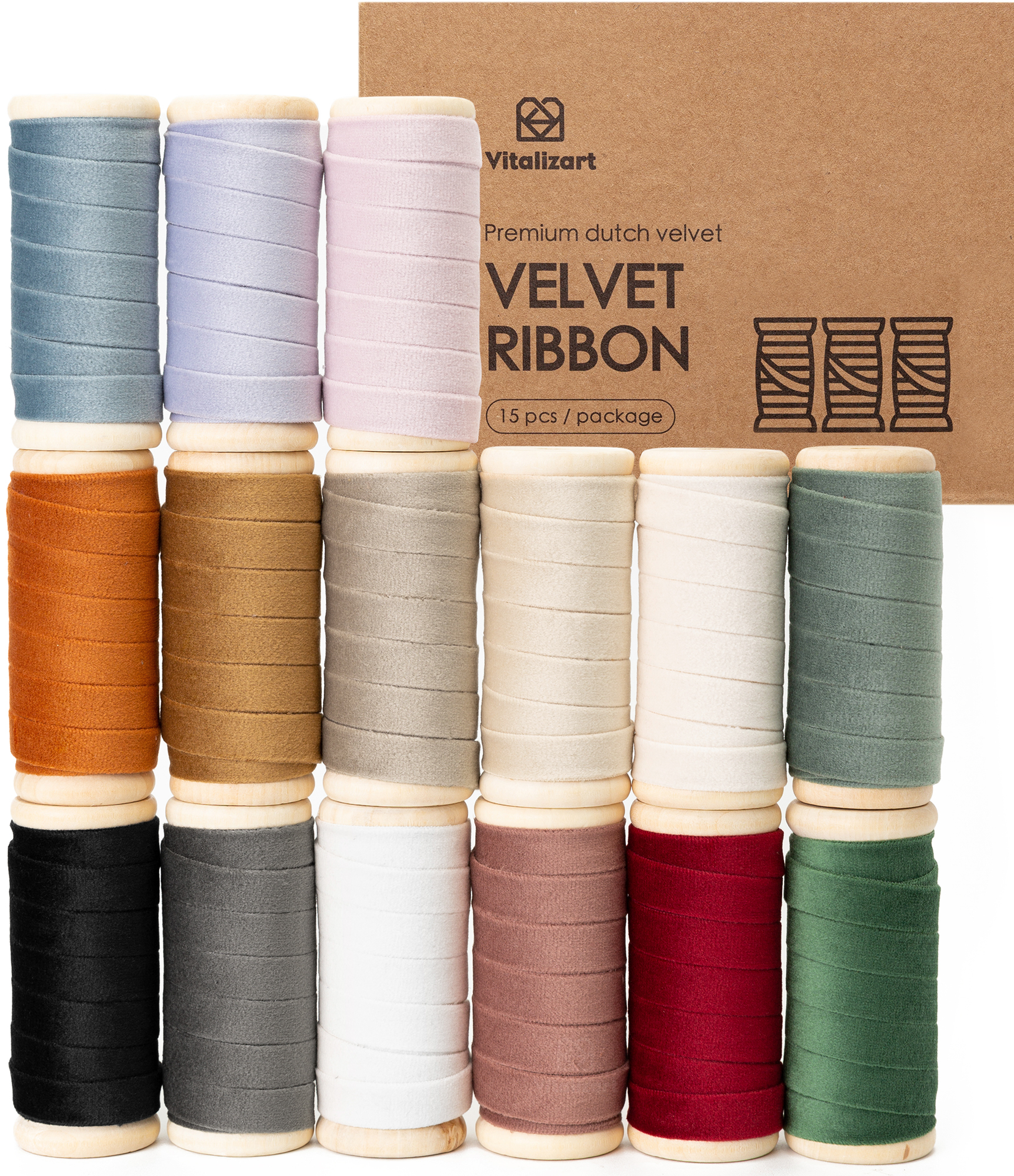 Velvet Ribbon With Wooden Spool 3/8" x 75 Yd (Mixed Color)