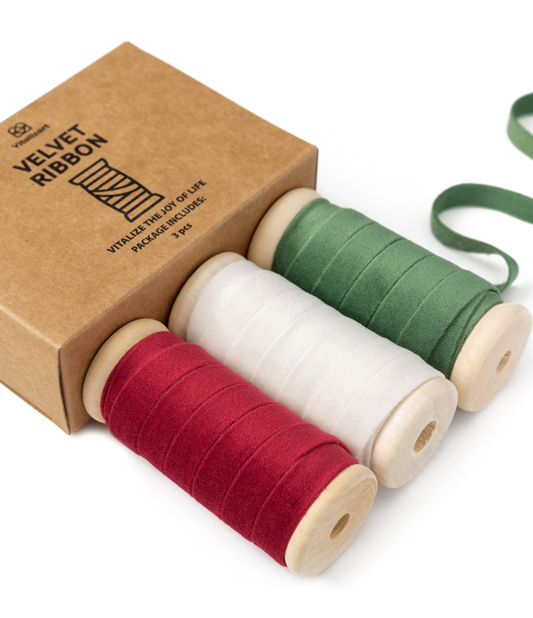 Velvet Ribbon With Wooden Spool 3/8" x 15 Yd (Red Green & White)