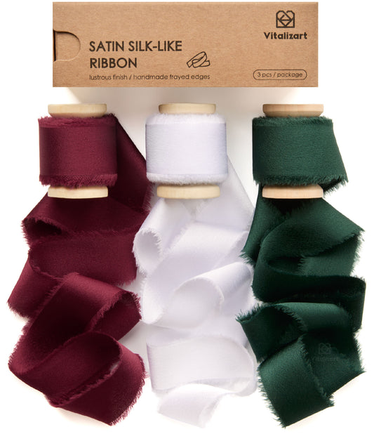 Silk Satin Ribbon With Wooden Spool 1" x 15 Yd (White Red Green)