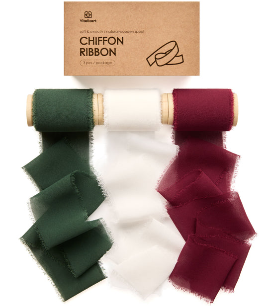 Chiffon Ribbon with Wooden Spool 2" x 15 Yd (White Red Green)