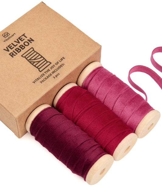 Velvet Ribbon With Wooden Spool 3/8" x 15 Yd (Burgundy & Red)