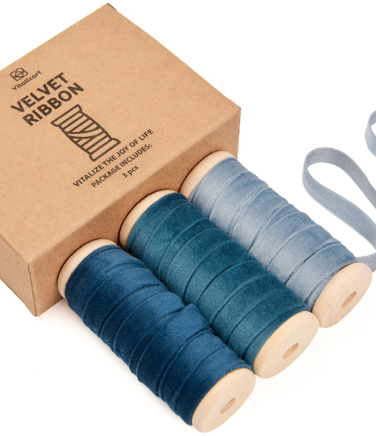 Velvet Ribbon With Wooden Spool 3/8" x 15 Yd (Blue Series)