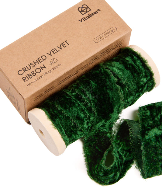 Velvet Ribbon for Christmas Frayed Edges Glossy 1" X 5 YD (Green)