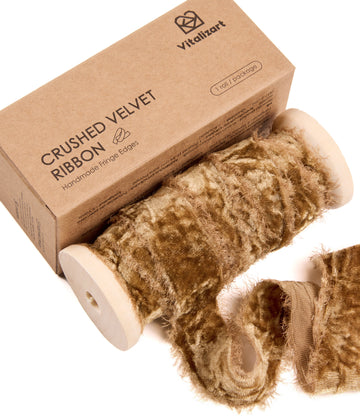 Velvet Ribbon for Christmas Frayed Edges Glossy 1" X 5 YD (Khaki)