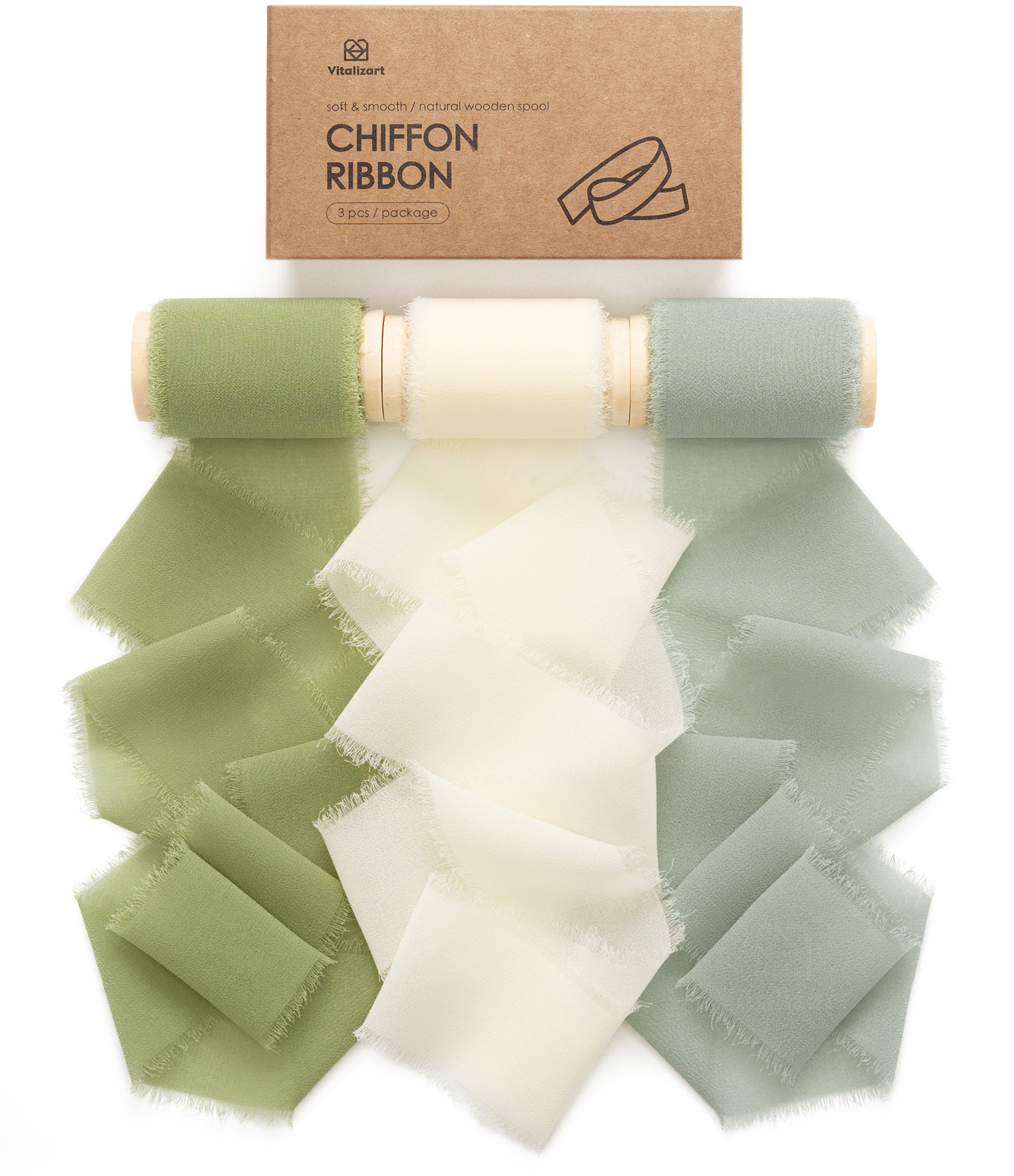 Chiffon Ribbon with Wooden Spool 2" x 15 Yd (Green & Cream)