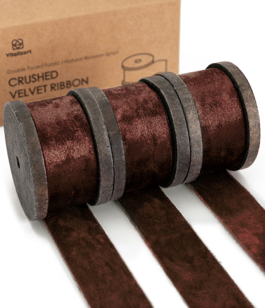 Deluxe Velvet Ribbon Set With Wooden Spool 1" x 9Yd (Dark Brown)