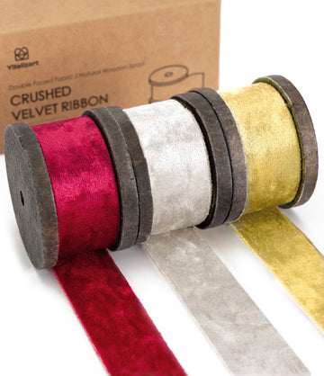 Deluxe Velvet Ribbon Set With Wooden Spool 1" x 9Yd (White Red Gold)